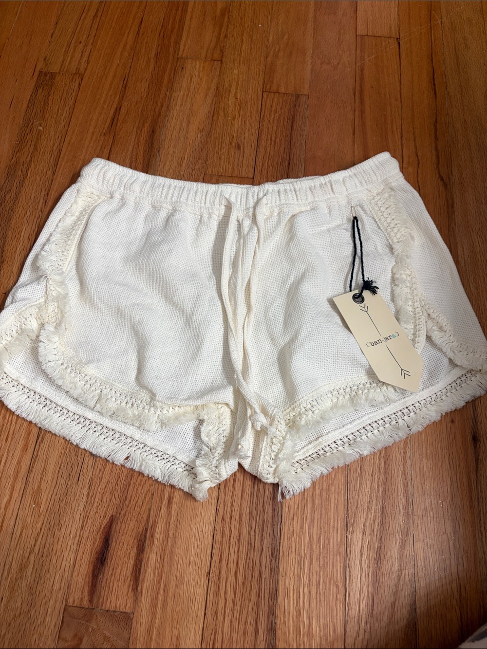 Boho Crochet-Trim Athletic Shorts - Cream